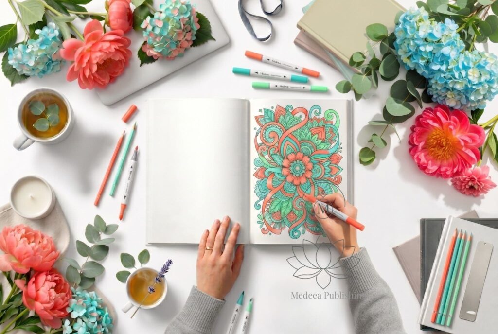 A professional flat lay from a top-down perspective showing an adult's hands practicing social anxiety coloring in a Medeea Publishing book; the scene includes a cup of tea, designer glasses, and artist pencils on a seamless white background, symbolizing a calm creative escape.
