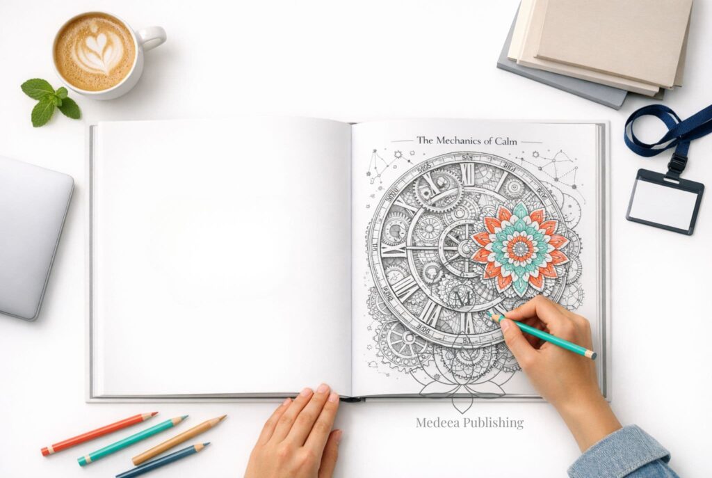 High-end architectural drawing of a modernist lighthouse in a Medeea Publishing book, used for mindfulness for anxiety relief. The flat lay includes drafting tools, a luxury watch, and professional pencils on a crisp white surface with ethereal lighting.