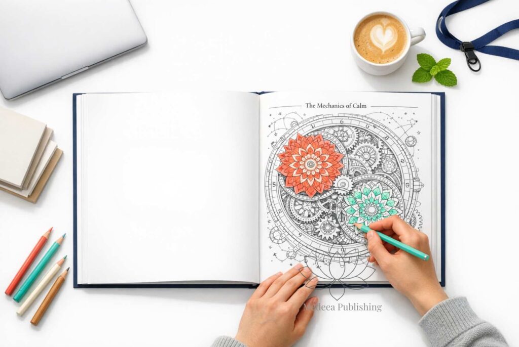 A close-up, macro shot of a colored pencil tip touching a textured paper surface during a session of Mindful Coloring for Stress Relief; the intricate lines of a Medeea Publishing botanical design are partially filled with coral and turquoise shades, showcasing a moment of deep artistic focus.