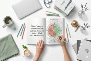 High-end flat lay of a person's hands using adult coloring books for anxiety, featuring an intricate heart-shaped floral illustration by Medeea Publishing, with calming herbal tea and professional art pencils on a pristine white surface.