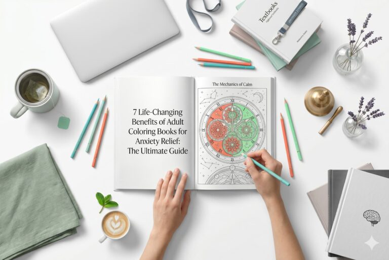 High-end flat lay of a person's hands using adult coloring books for anxiety, featuring an intricate heart-shaped floral illustration by Medeea Publishing, with calming herbal tea and professional art pencils on a pristine white surface.