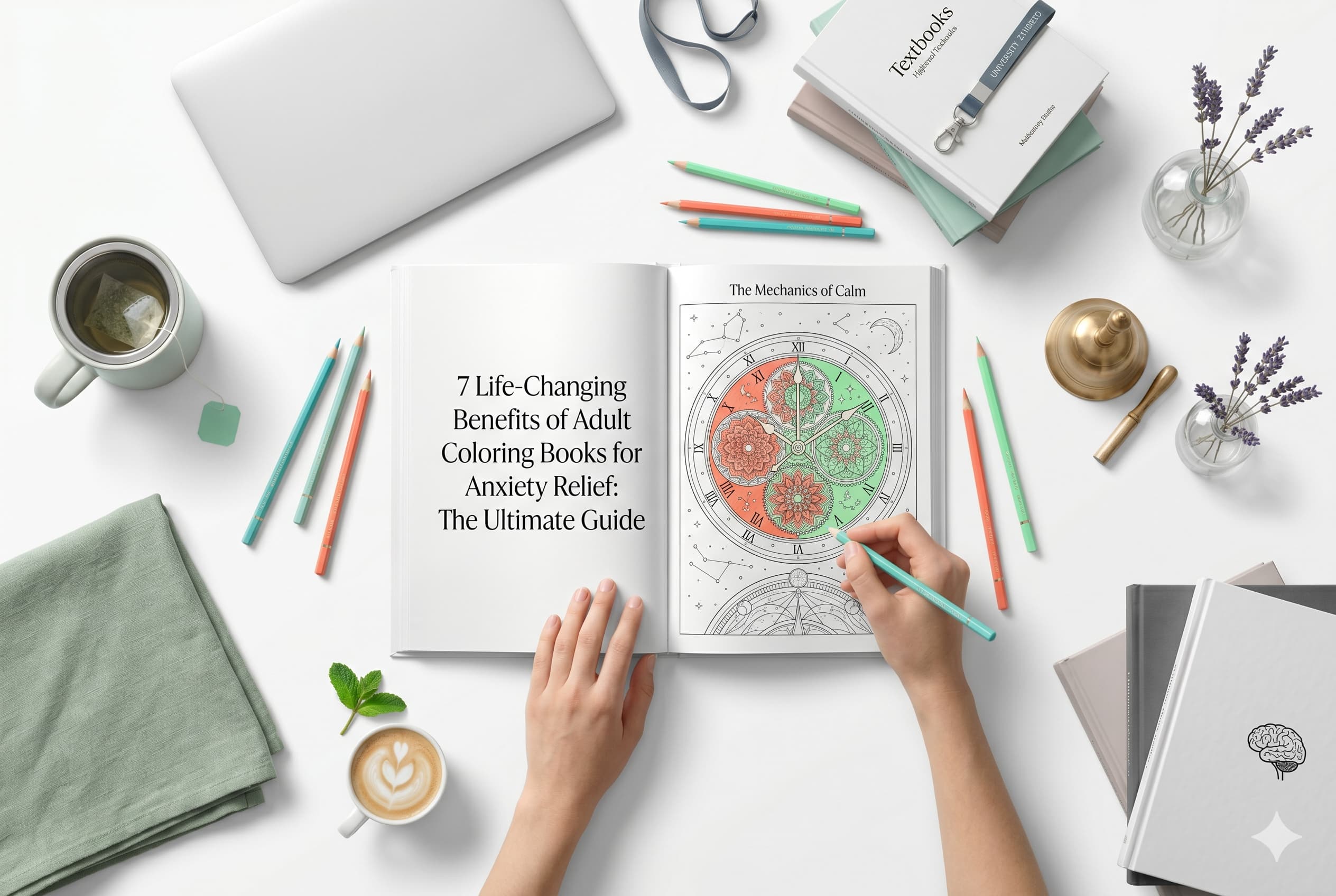 7 Life-Changing Benefits of Adult Coloring Books for Anxiety Relief: The Ultimate Guide 1 High-end flat lay of a person's hands using adult coloring books for anxiety, featuring an intricate heart-shaped floral illustration by Medeea Publishing, with calming herbal tea and professional art pencils on a pristine white surface.