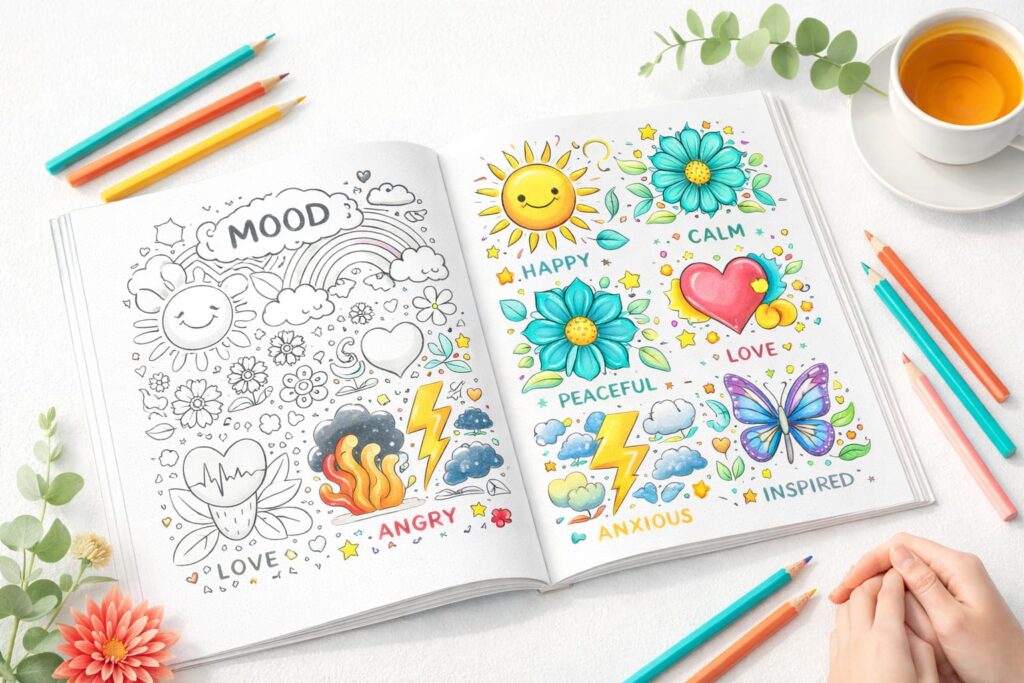 Close-up of Color psychology mood coloring techniques in a MedeeaPublishing book for Corporate Executives