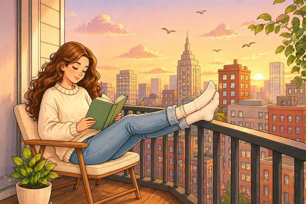 A young woman with long wavy hair relaxing in a cozy reading nook ideas setup on a city balcony at sunset, reading a green book with her feet up on the railing.
