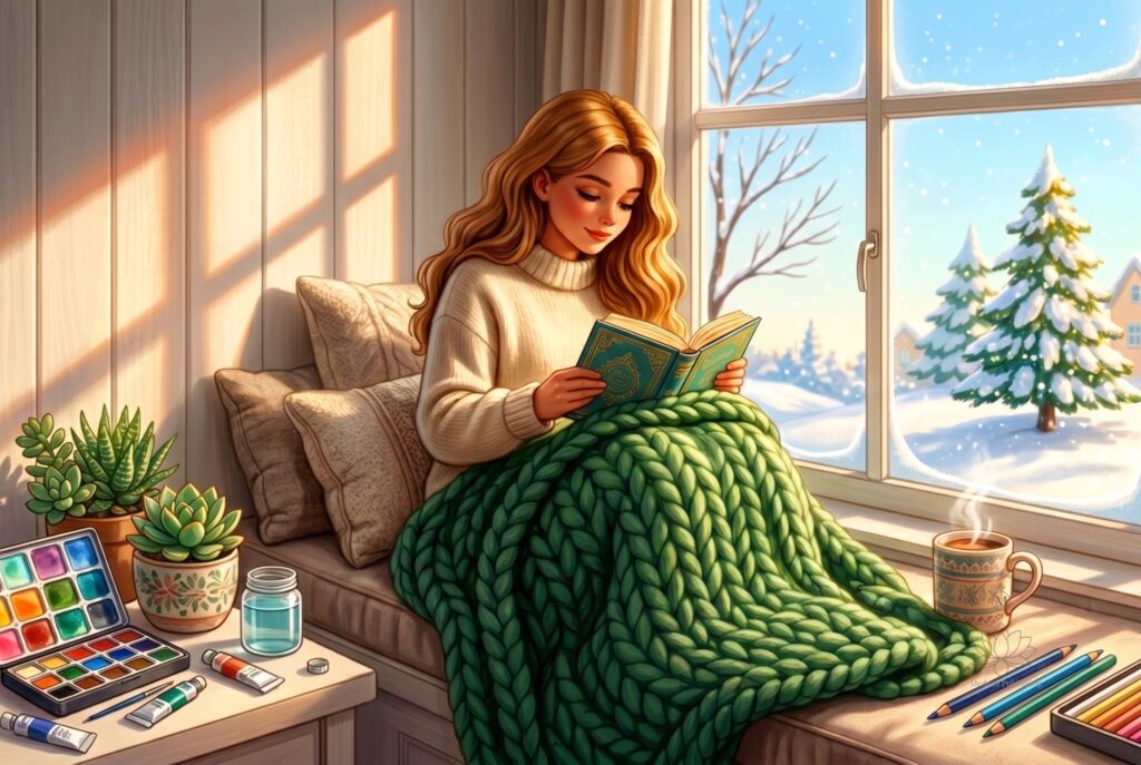 A young woman with long blonde hair relaxing in a cozy reading nook ideas setup on a wide window seat, wrapped in a chunky emerald green blanket, reading a book while overlooking a snowy landscape.