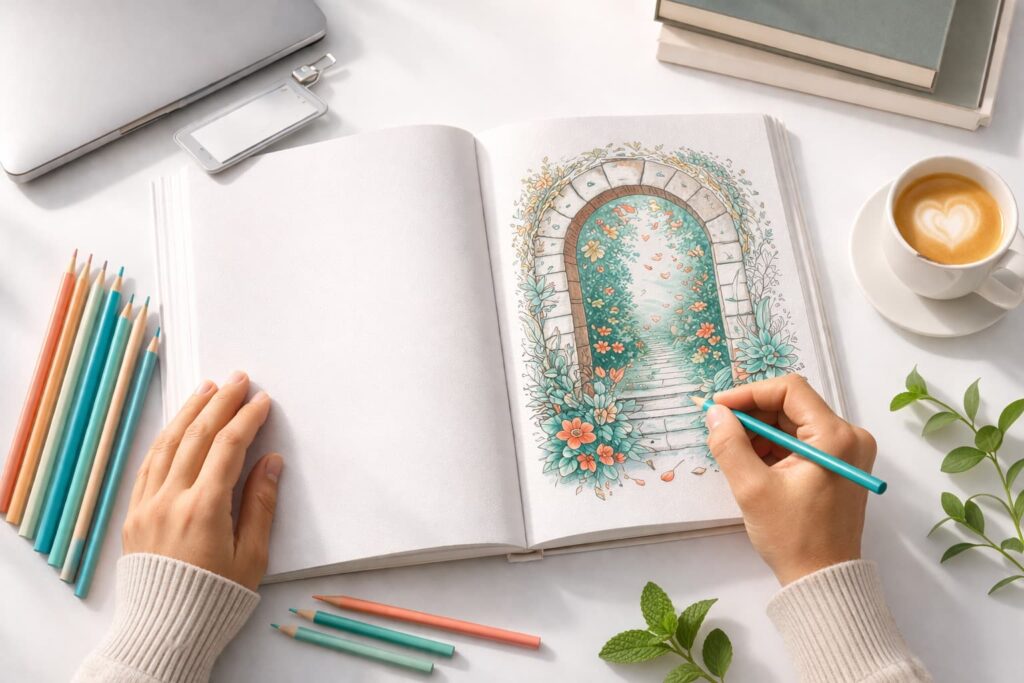 Close-up of Mental escape art coloring techniques in a MedeeaPublishing book for University Students