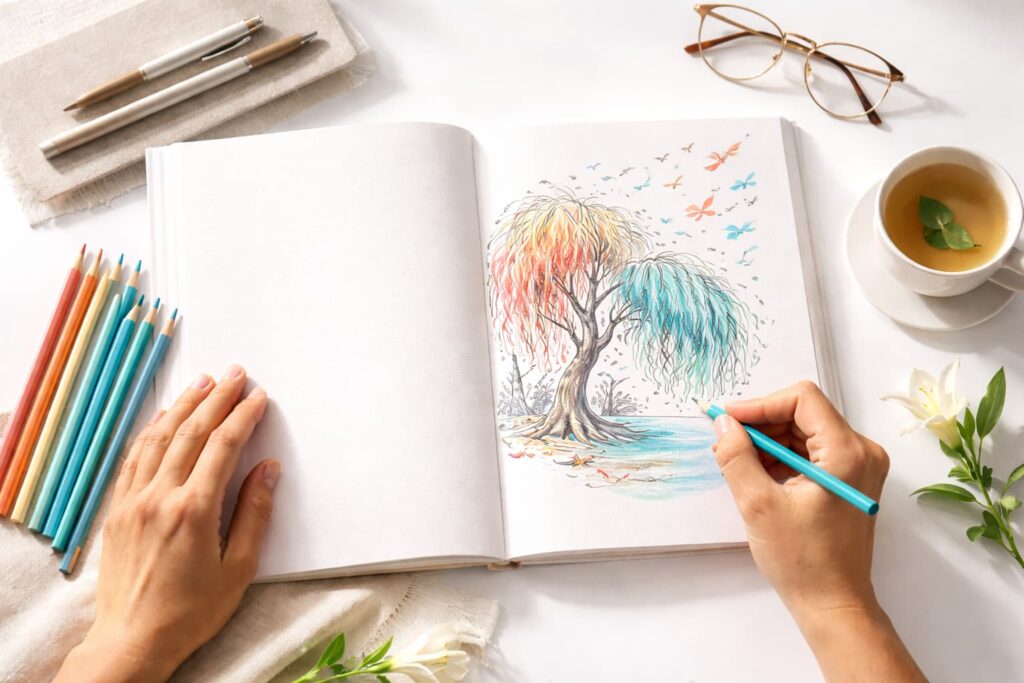 Close-up of Perfectionism and coloring coloring techniques in a MedeeaPublishing book for Healthcare Workers