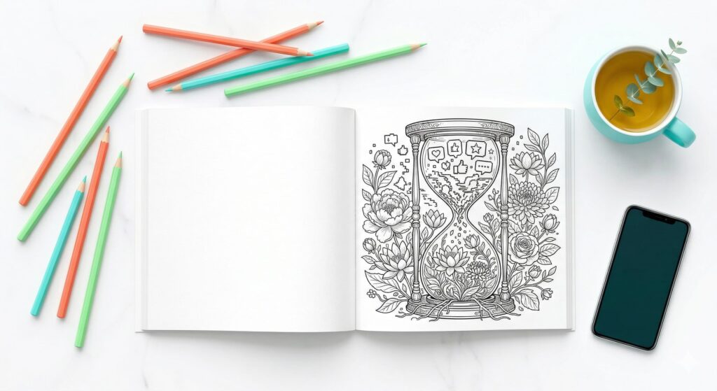 Coloring vs Social Media: 7 Powerful Reasons It’s the Better Stress-Reliever for Moms 3 Cozy mindfulness corner for Stay-at-home Moms practicing Coloring vs social media