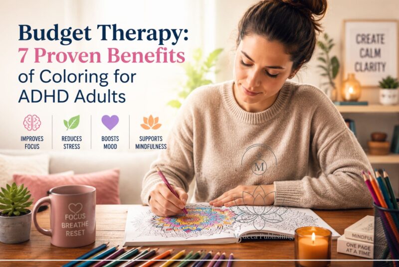 Budget therapy showing an adult with ADHD relaxing while coloring a mandala at home for stress relief