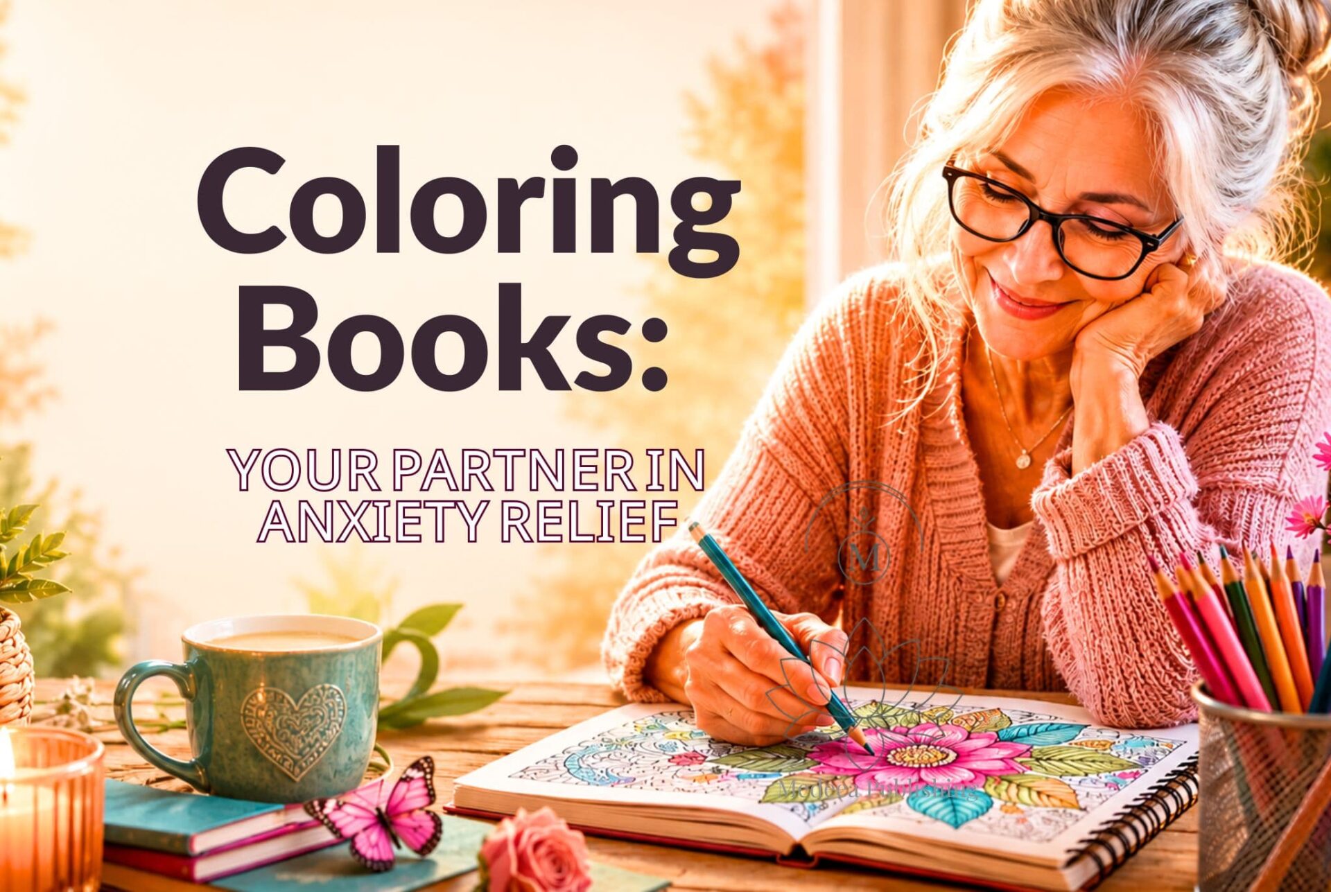 Toxic Work Recovery: 7 Life-Changing Ways Art Heals Your Health After Retirement 3 Coloring book for seniors showing a relaxed elderly woman enjoying a peaceful coloring activity at home