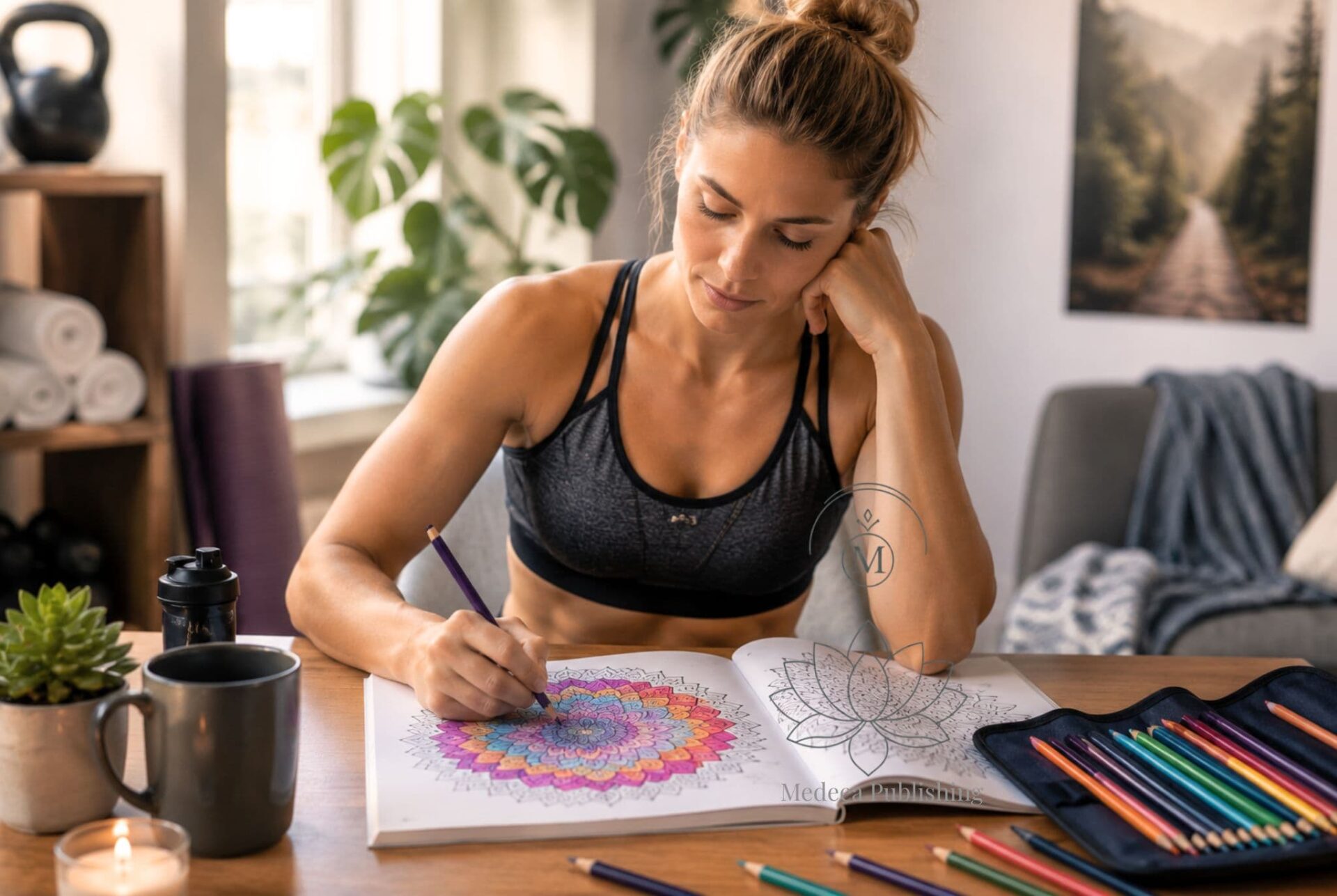 Coloring for Burnout: 7 Powerful Ways Recovering Athletes Can Reclaim Their Peace 2 Coloring for burnout showing a recovering athlete relaxing while coloring a mandala in a calm home environment