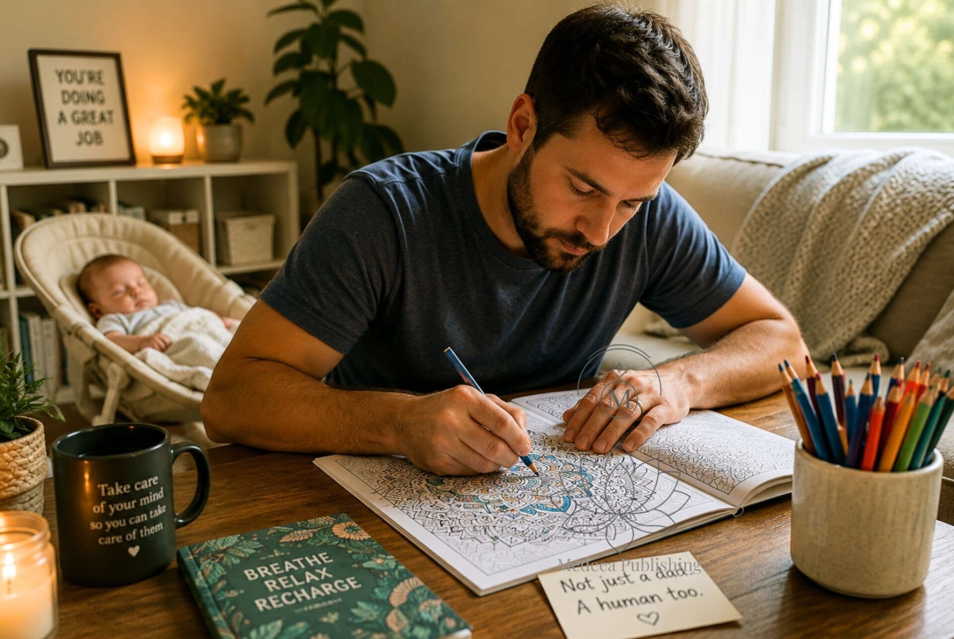 Coloring for stress relief showing a father relaxing with a coloring book while his baby sleeps nearby