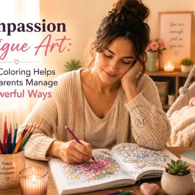 Compassion fatigue art showing a new mother peacefully coloring while her baby sleeps in a calm home environment