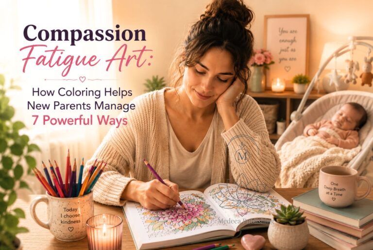 Compassion Fatigue Art: 7 Powerful Ways How Coloring Helps New Parents 1 Compassion fatigue art showing a new mother peacefully coloring while her baby sleeps in a calm home environment