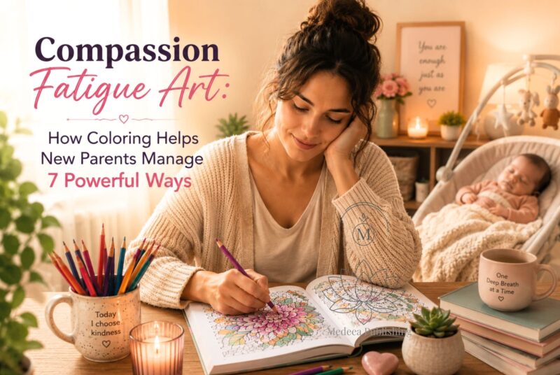 Compassion fatigue art showing a new mother peacefully coloring while her baby sleeps in a calm home environment