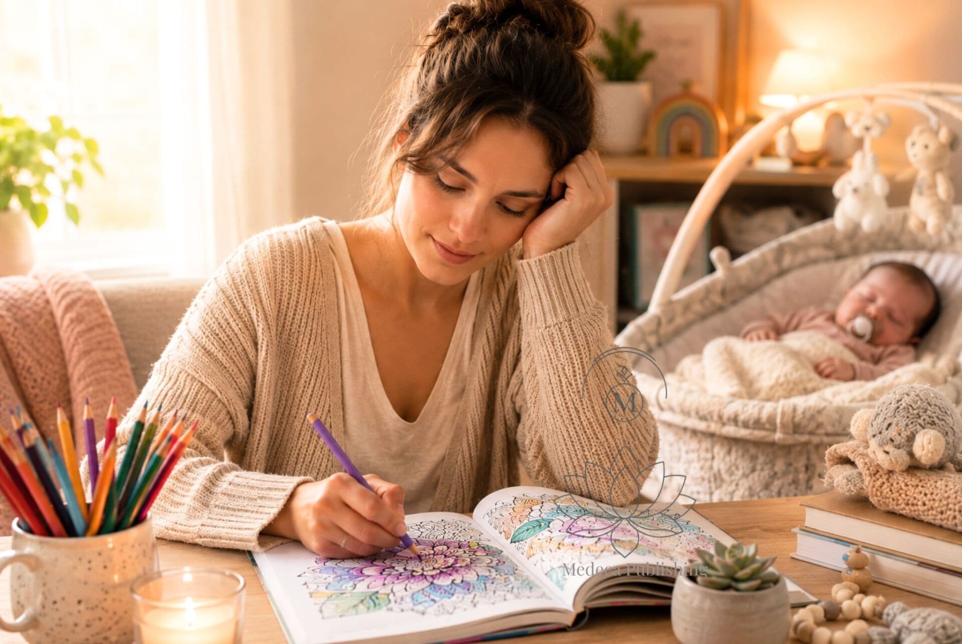Compassion fatigue art showing a new mother relaxing with a coloring book while her baby sleeps nearby