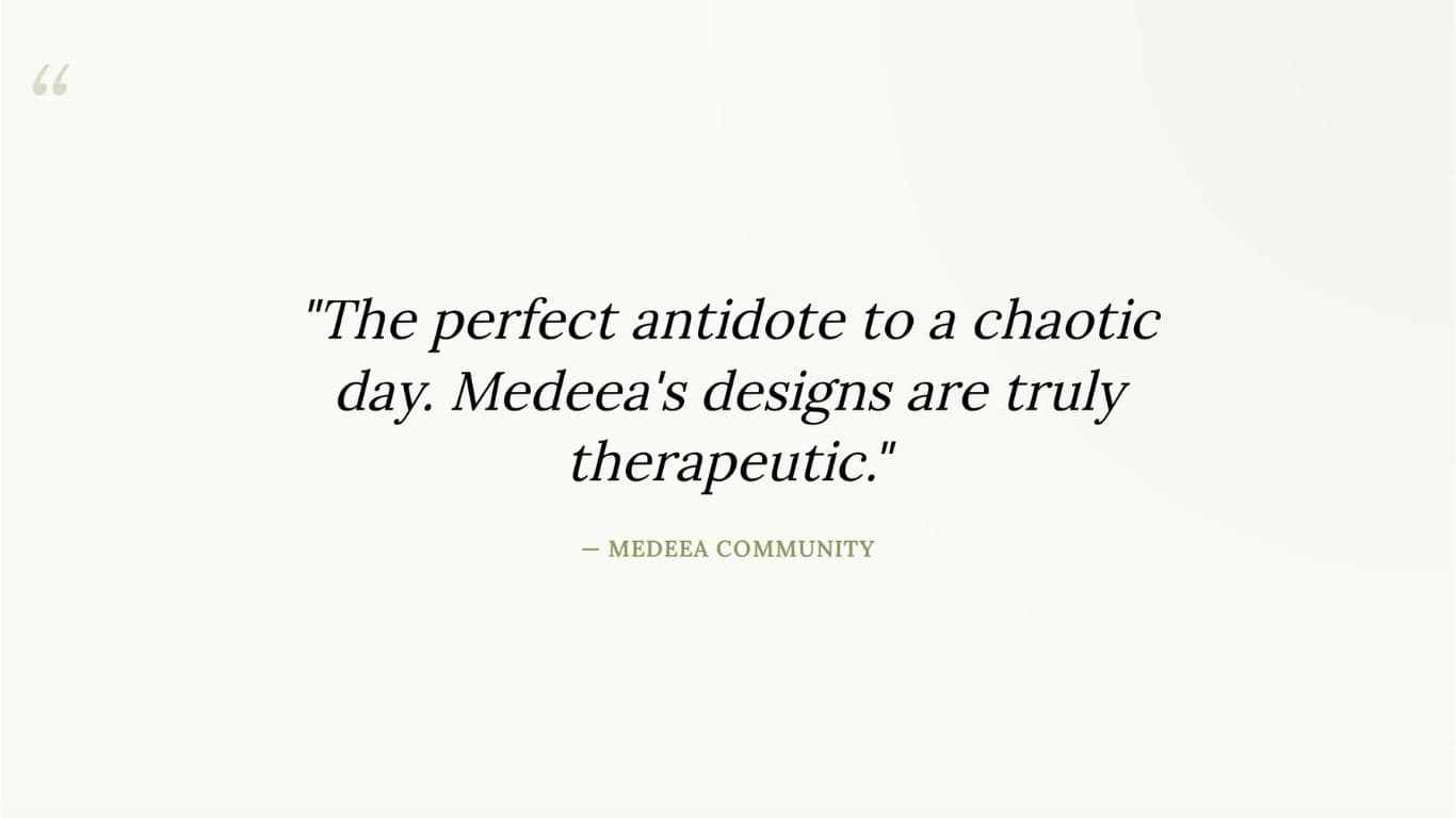 Testimonial graphic from the Medeea Community praising the therapeutic, stress-relieving effects of our 50 page free printable coloring book PDF.
