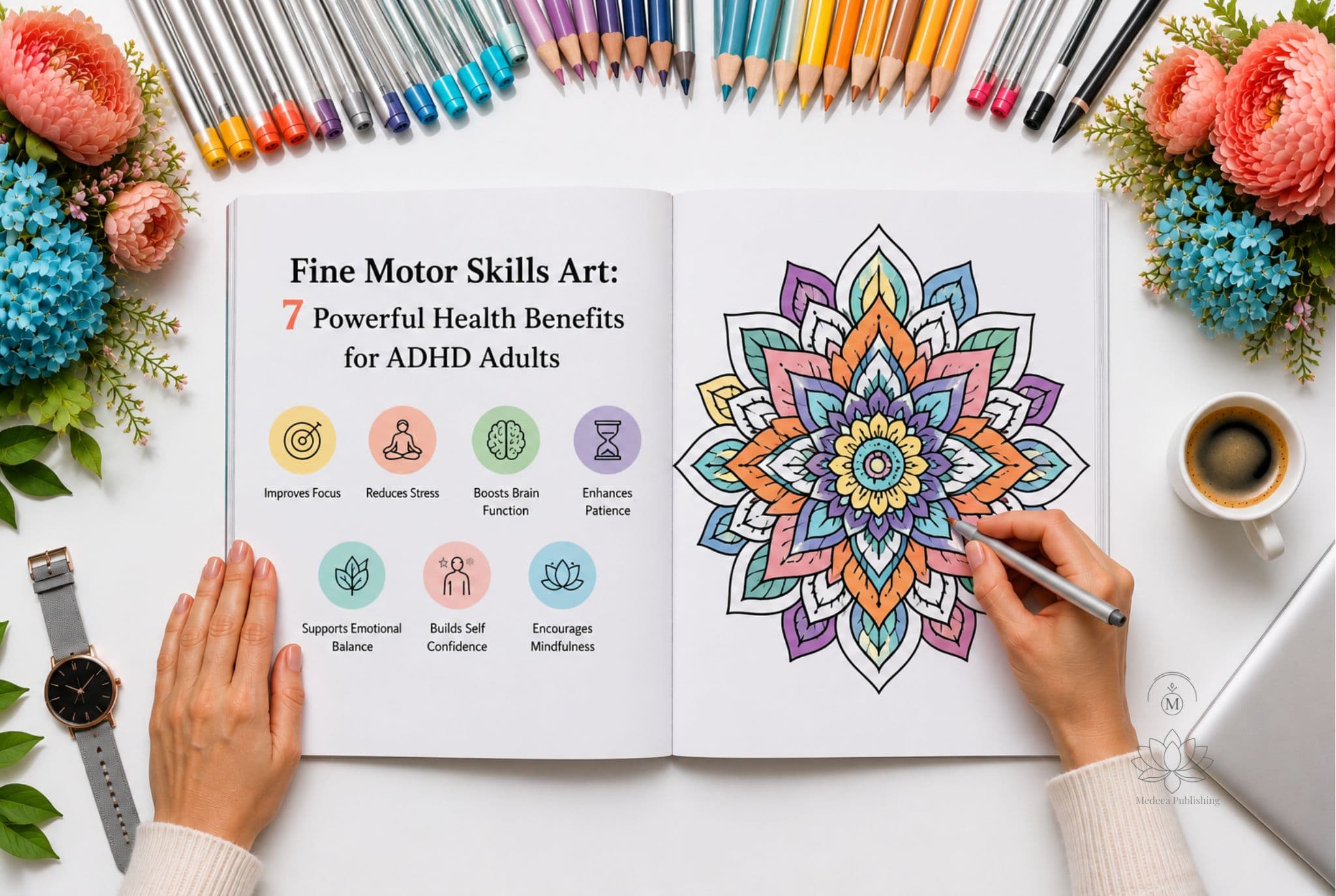 Fine Motor Skills Art: 7 Powerful Health Benefits for ADHD Adults 1 Fine Motor Skills Art for ADHD adults showing a detailed mandala coloring page with bold outlines and precise hand movement