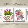 Flowers coloring book displayed on a wooden table with front cover, back cover, and open pages in a bright cozy home setting