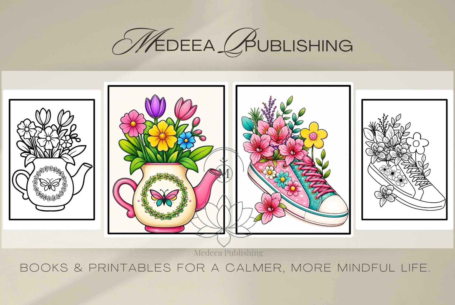 Flowers coloring book displayed on a wooden table with front cover, back cover, and open pages in a bright cozy home setting