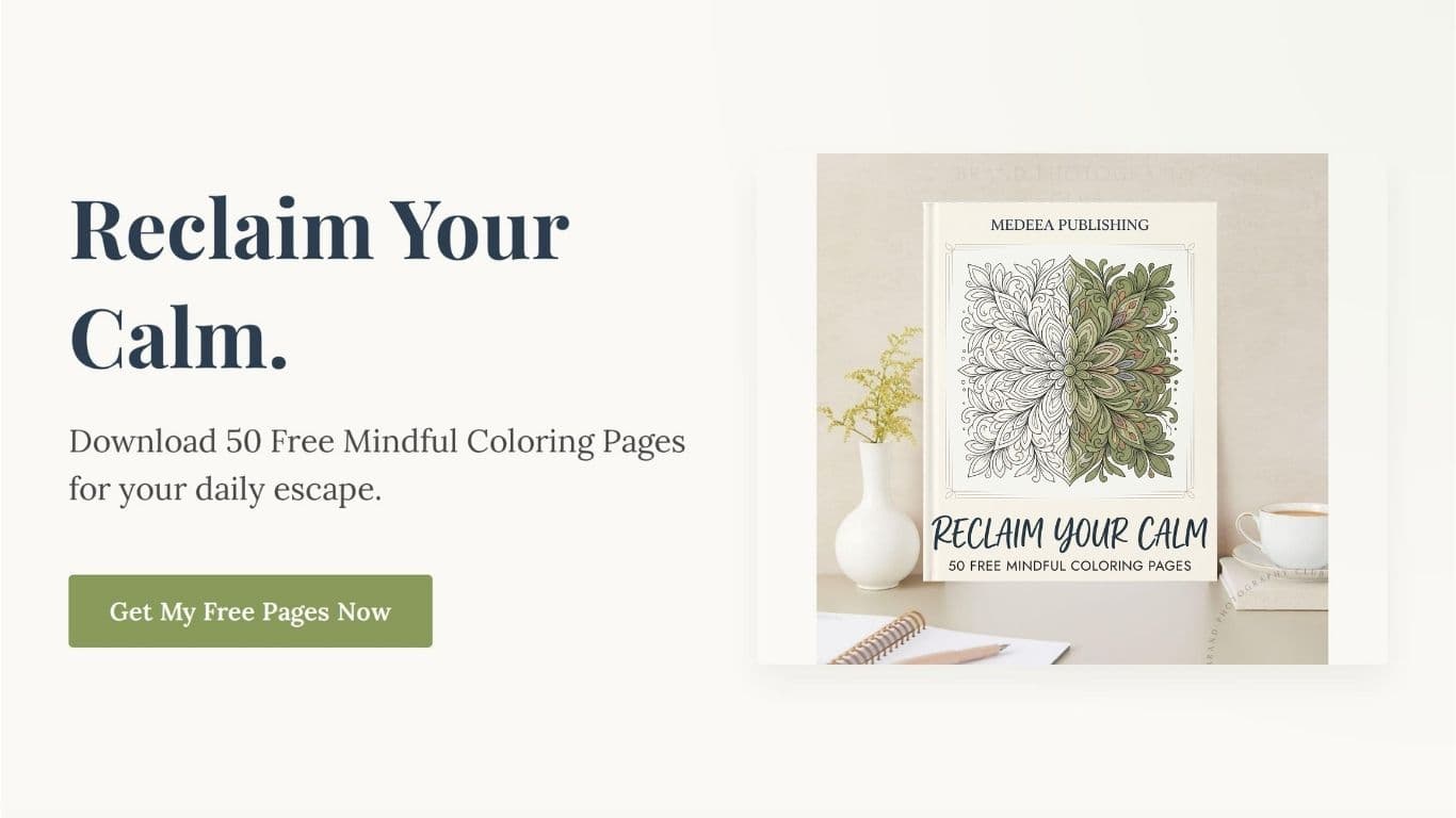 Marketing graphic featuring the 'Reclaim Your Calm' book cover, promoting a 50 page free printable coloring book PDF for stress relief and mindful relaxation.
