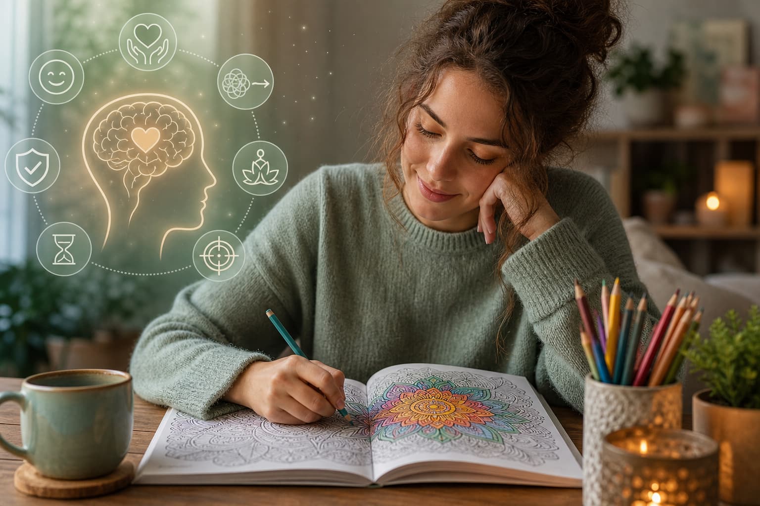Highly sensitive people relaxing while coloring in a cozy setting with colored pencils and mindfulness activity