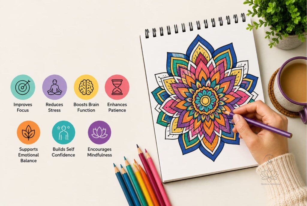 Fine Motor Skills Art: 7 Powerful Health Benefits for ADHD Adults 2 fine motor skills art showing detailed mandala coloring with steady hand and precise lines