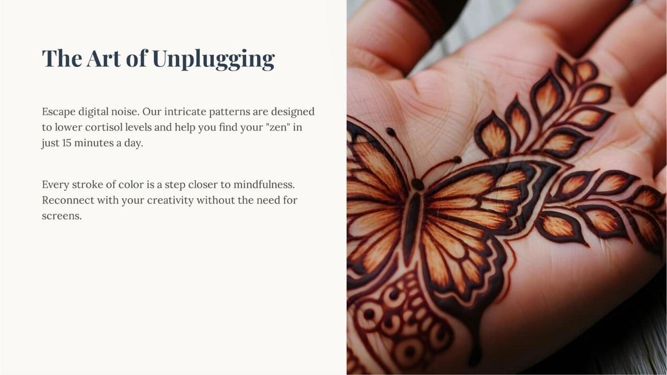 Hand featuring intricate butterfly art, illustrating the concept of mindful coloring found in our 50 page free printable coloring book PDF.