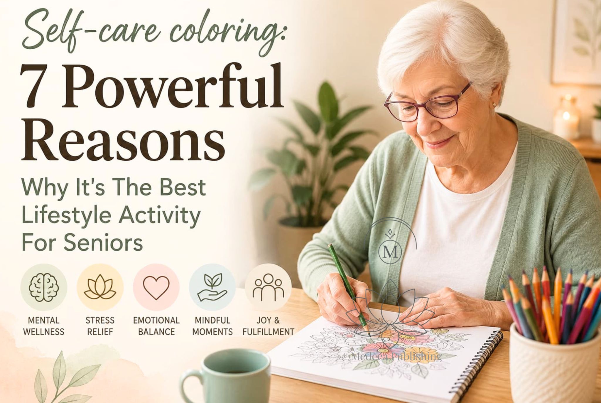 Self-care coloring: 7 Powerful Reasons Why It's The Best Lifestyle Activity For Seniors 1 Self-care coloring activity for seniors showing an elderly woman relaxing while coloring a floral page at home