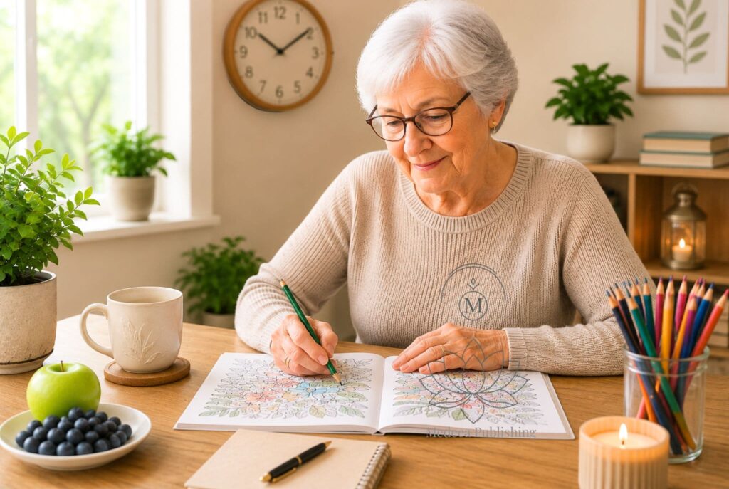 Self-care coloring: 7 Powerful Reasons Why It's The Best Lifestyle Activity For Seniors 2 Self-care coloring integrated into a healthy daily routine for seniors at home
