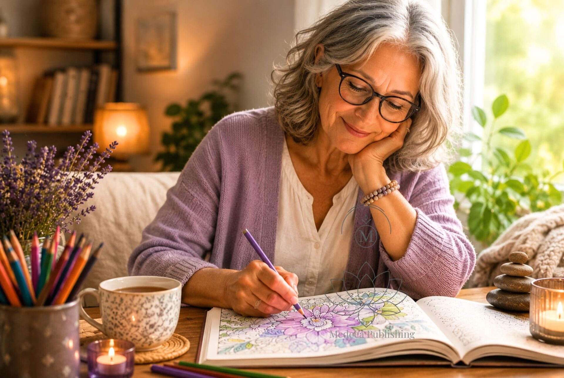 Toxic Work Recovery: 7 Life-Changing Ways Art Heals Your Health After Retirement 2 Toxic work recovery illustrated by a senior woman calmly coloring in a peaceful home environment to reduce stress