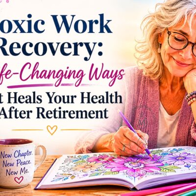 Toxic work recovery showing a senior woman peacefully coloring at home in a calm and warm environment