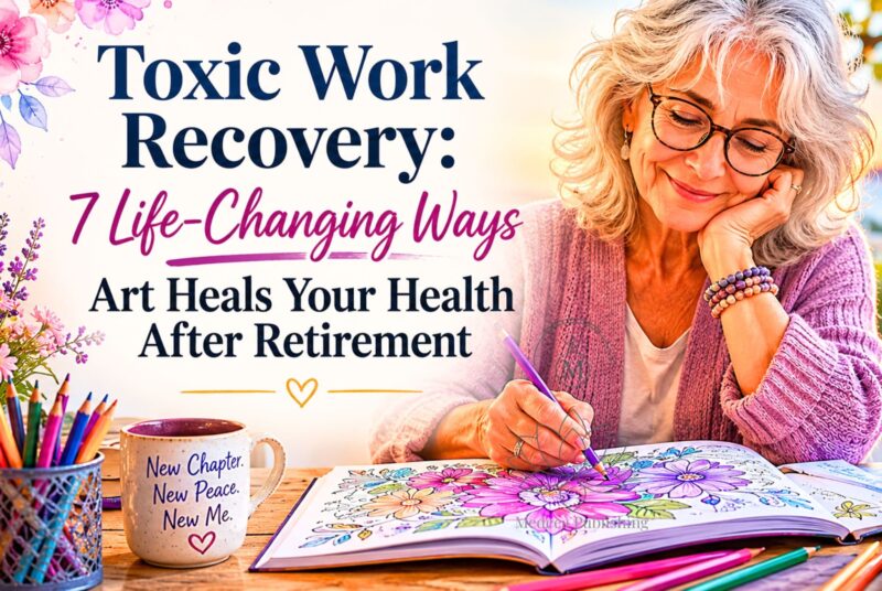Toxic work recovery showing a senior woman peacefully coloring at home in a calm and warm environment