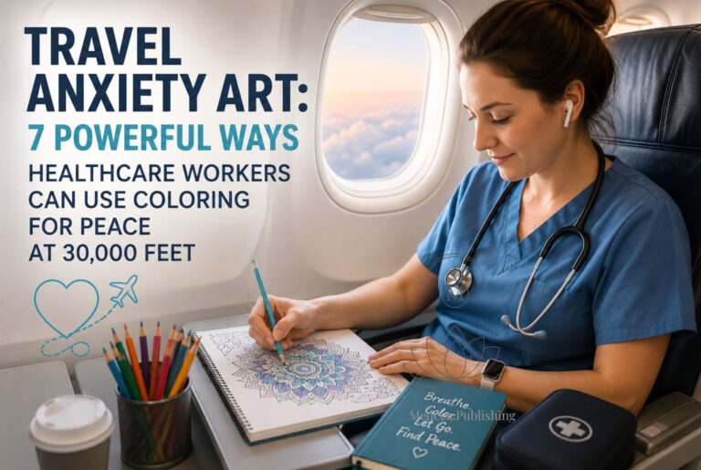 Travel anxiety art showing a healthcare worker coloring calmly on an airplane to reduce stress during flight