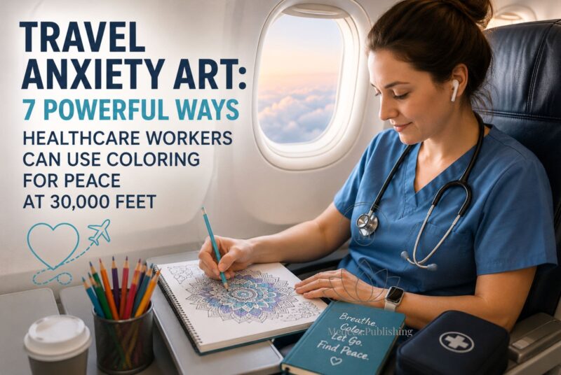 Travel anxiety art showing a healthcare worker coloring calmly on an airplane to reduce stress during flight