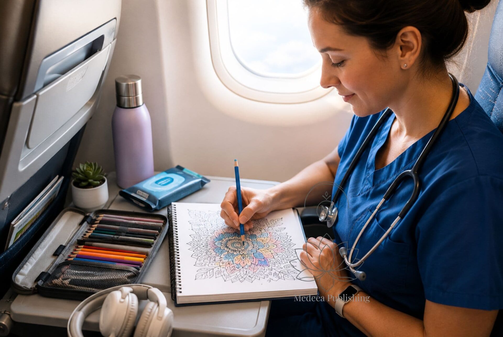 Travel Anxiety Art: 7 Powerful Ways Healthcare Workers Can Use Coloring for Peace at 30,000 Feet 2 Travel anxiety art showing a healthcare worker coloring in a small airplane seat space to reduce stress during flight