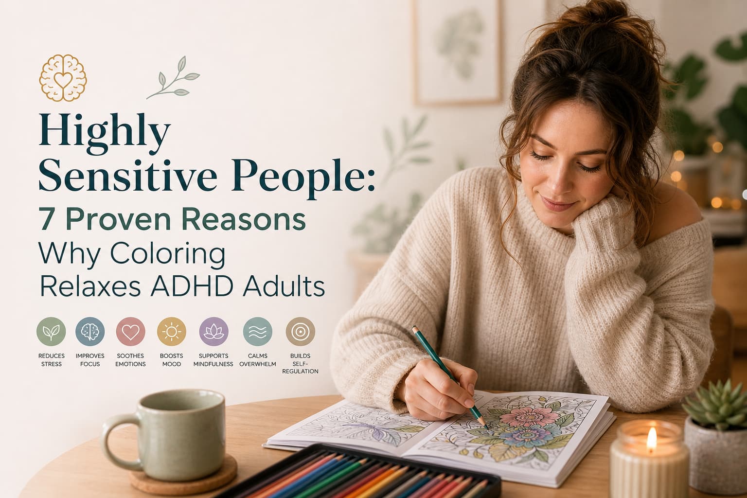 Highly sensitive people relaxing while coloring in a calm home setting with candles and soft lighting