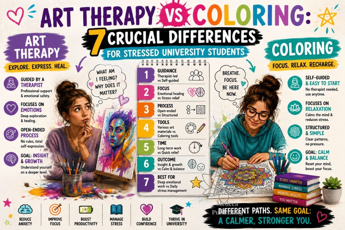 Art Therapy vs Coloring: 7 Crucial Differences For Stressed University Students 2 art therapy vs coloring visual showing structured coloring for stress relief compared with guided therapeutic art practice