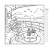 Cozy Spaces Coloring Book for Adults Mermaid Sunset Cruise Retreat Cozy Spaces Coloring Book for Adults page featuring a peaceful mermaid relaxing with a warm drink on a yacht deck while watching a beautiful ocean sunset.