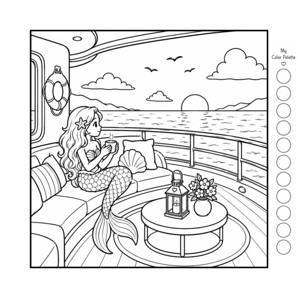 Cozy Spaces Coloring Book for Adults Mermaid Sunset Cruise Retreat Cozy Spaces Coloring Book for Adults page featuring a peaceful mermaid relaxing with a warm drink on a yacht deck while watching a beautiful ocean sunset.