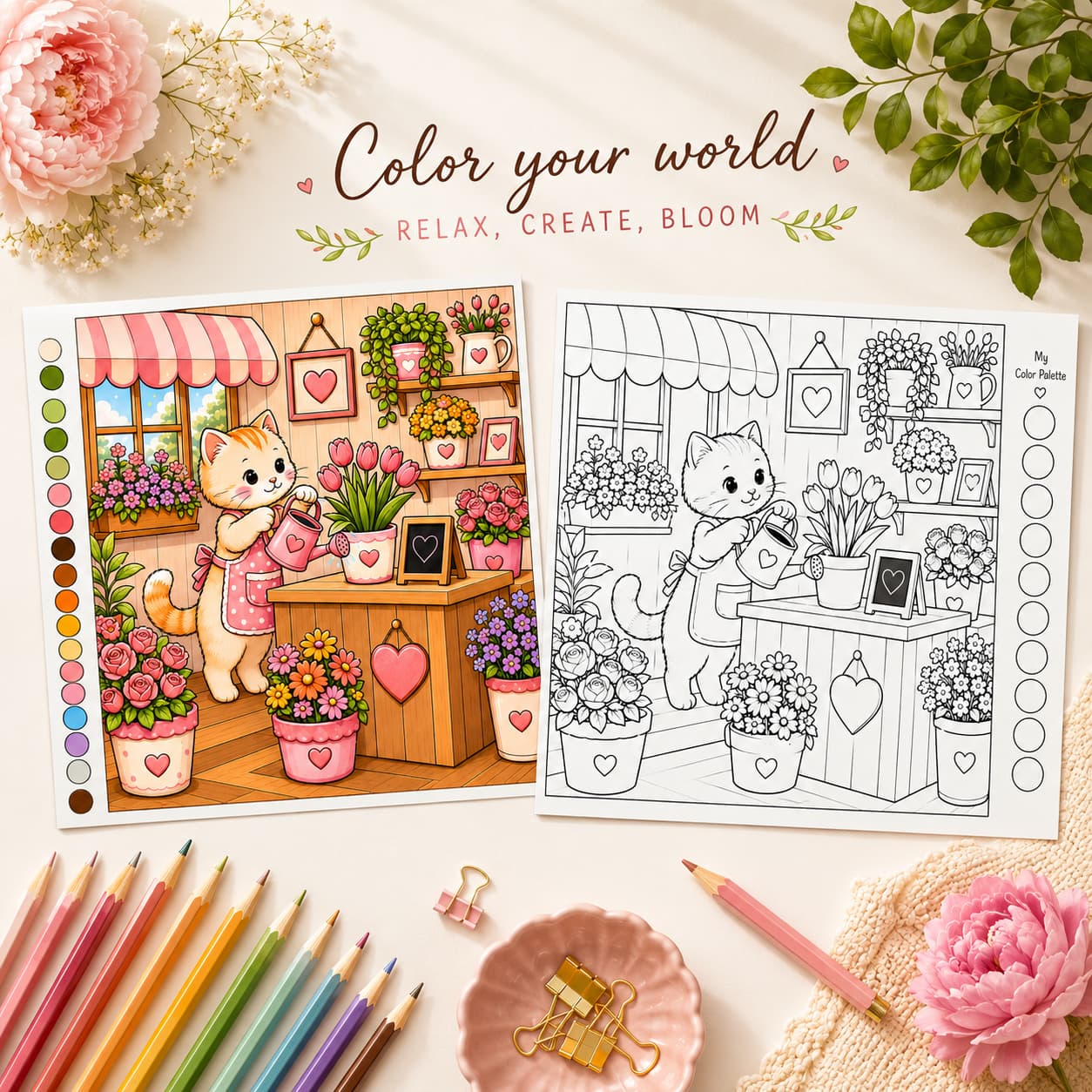 Cozy Spaces Coloring Book for Adults and Teens 33 Coloring Designs 2 Cozy Spaces Coloring Book for adults before and after coloring pages with cute animals, flowers, and cozy home details