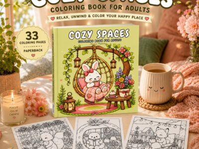 Cozy Spaces Coloring Book printable pages featuring cute animal scenes in cozy interiors, before and after coloring example