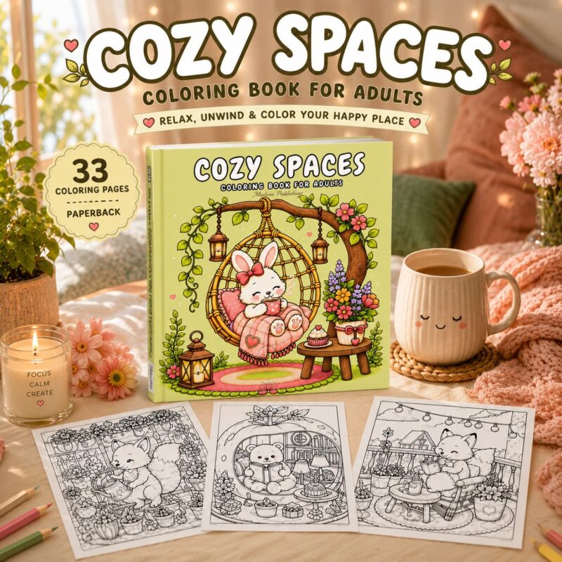 Cozy Spaces Coloring Book printable pages featuring cute animal scenes in cozy interiors, before and after coloring example