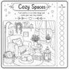 Relaxing Spaces Coloring Book for Adults Cozy Reading Corner Retreat Relaxing Spaces Coloring Book for Adults page featuring a cozy reading corner with an armchair, sleeping cat, soft blanket, flowers, books, candles, and a peaceful window view.
