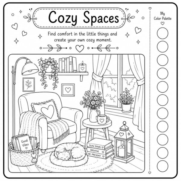 Relaxing Spaces Coloring Book for Adults Cozy Reading Corner Retreat Relaxing Spaces Coloring Book for Adults page featuring a cozy reading corner with an armchair, sleeping cat, soft blanket, flowers, books, candles, and a peaceful window view.