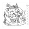 Relaxing Spaces Coloring Book for Adults Cozy Teacup Reading Nook Relaxing Spaces Coloring Book for Adults page featuring a cute kitten reading inside a giant teacup-shaped reading nook with books, plants, fairy lights, and cozy décor.