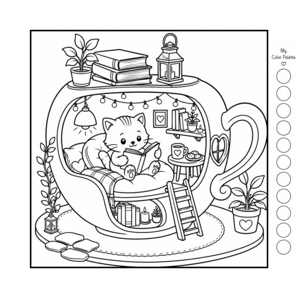 Relaxing Spaces Coloring Book for Adults Cozy Teacup Reading Nook Relaxing Spaces Coloring Book for Adults page featuring a cute kitten reading inside a giant teacup-shaped reading nook with books, plants, fairy lights, and cozy décor.