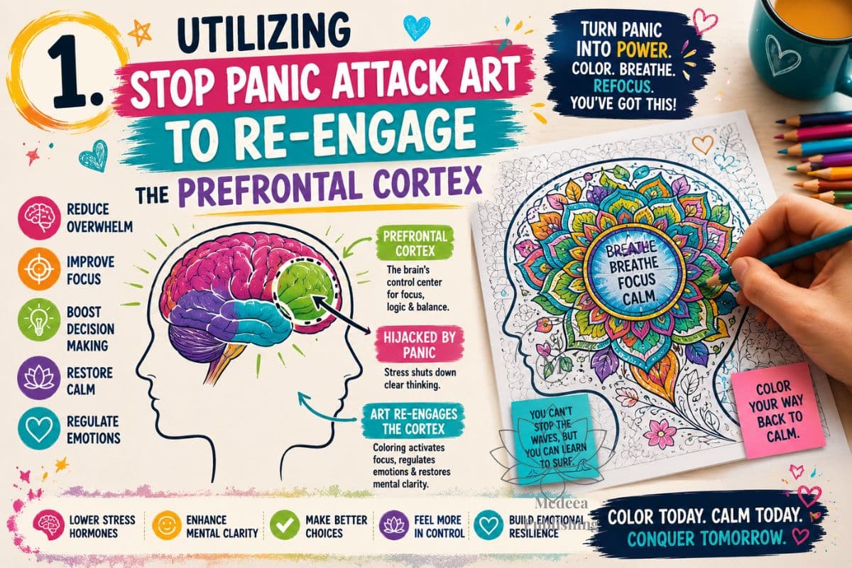 stop panic attack art concept showing calming coloring activity used to reduce anxiety and regain focus during stressful moments