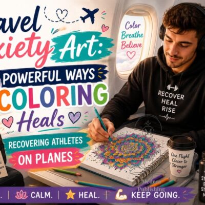 travel anxiety art illustration showing a person coloring on a plane to reduce stress and improve focus during flight