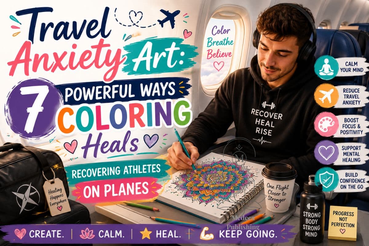 travel anxiety art illustration showing a person coloring on a plane to reduce stress and improve focus during flight